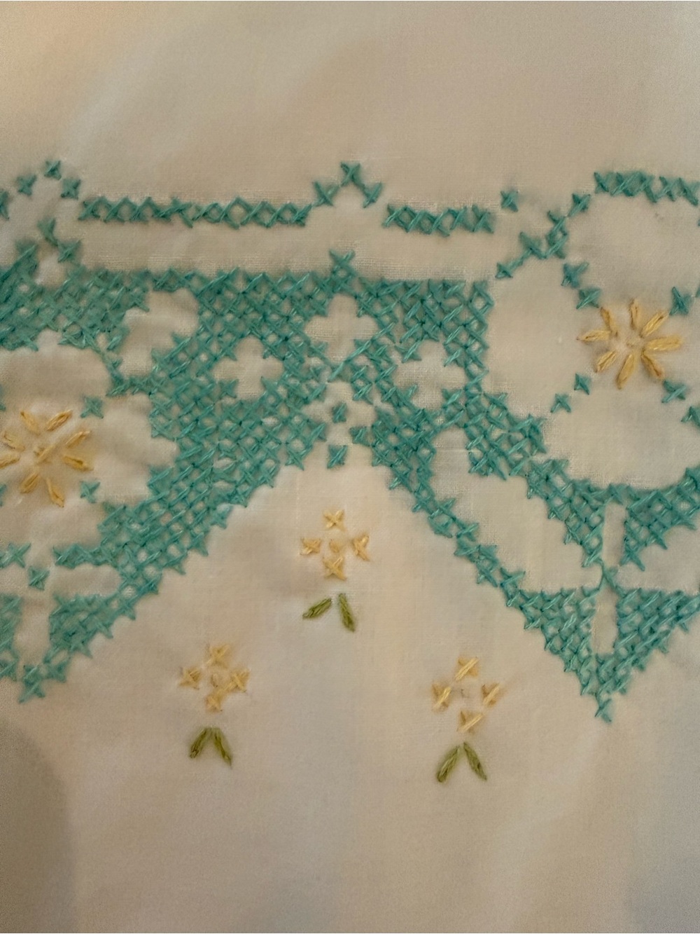 Vtg Pillowcases Pair Hand Embroidered Cross StitchTeal Gold Crochet Lace - Picture 6 of 10